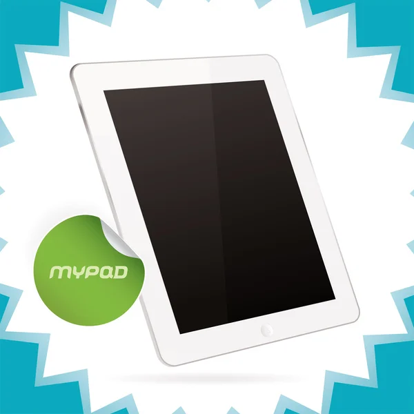 Tablet PC, pad illustratie, pictogrammen, teken, witte badge met sticker — Stockvector