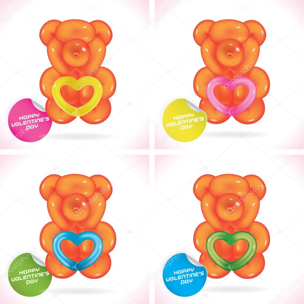 Glossy Balloon Happy Valentines Day Greeting Card with Bear, Icons, Button, Sign, Symbol, Logo for Baby, Family, Children, Teenager