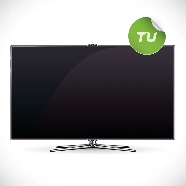 Schwarz glänzend lcd tv - samsung, lg, sony, panasonic, sharp style illustration, schild, button, logo mit aufkleber — Stockvektor