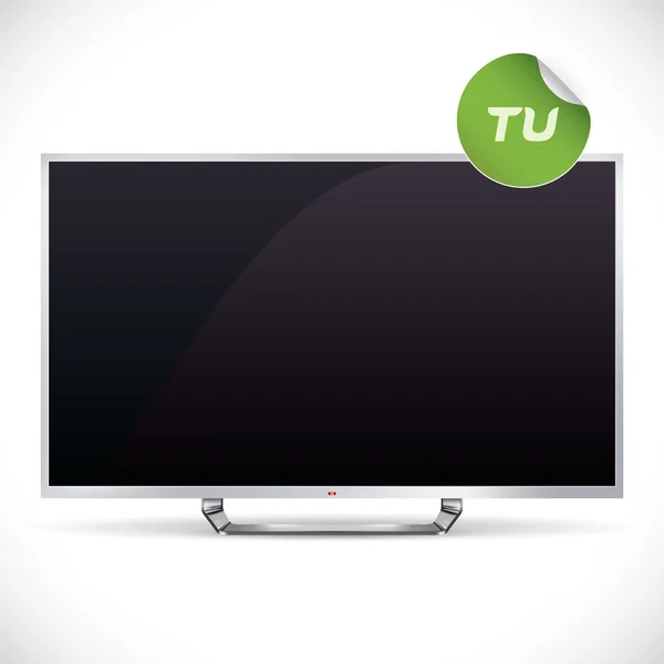 Schwarz glänzend lcd tv - samsung, lg, sony, panasonic, sharp style illustration, schild, button, logo mit aufkleber — Stockvektor