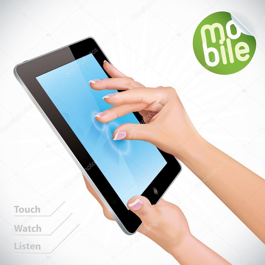 Hand Holding Black Glossy Tablet Pad