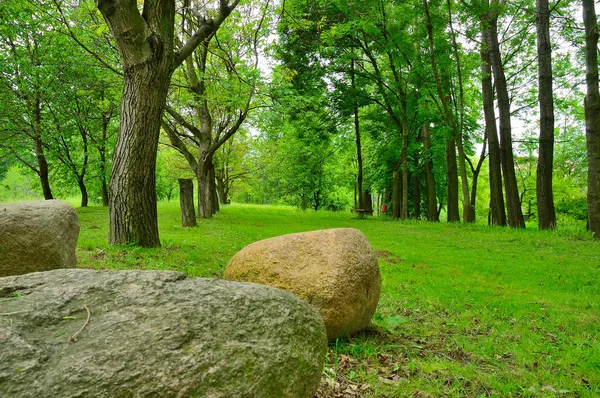 En park med stenblock ligga i förgrunden — Stockfoto