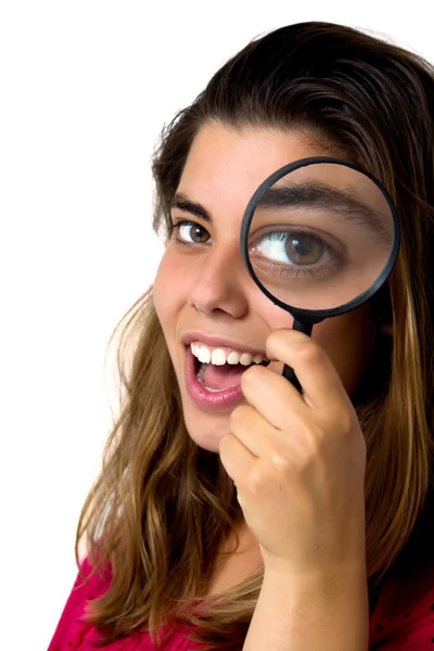 Girl with magnifier — Stock Photo, Image