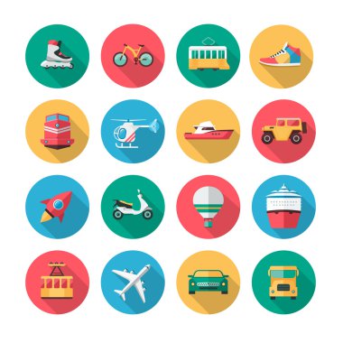 Vector transport icons in flat style with long shadow effect