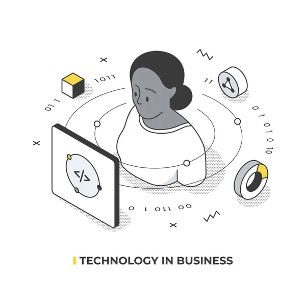 技术改进或开发新的业务流程 妇女使用现代数字工具使企业受益 矢量等距说明 — 图库矢量图片