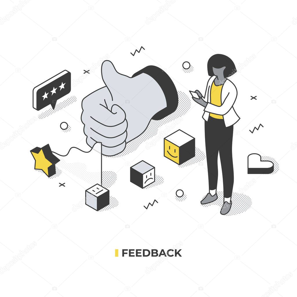 Feedback concept. A female client responds to service provided by company, giving the rating or review.  Vector isometric illustration