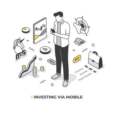 Mobil konsept ile yatırım yapmak. Mobil uygulamalarla ticaret stoklarına kolay erişim. Hisse senedi portföyü ticareti ve yönetimi yapılabilir, karlılık analizi yapılabilir, gerçek zamanlı takip edilebilir. İzometrik illüstrasyon