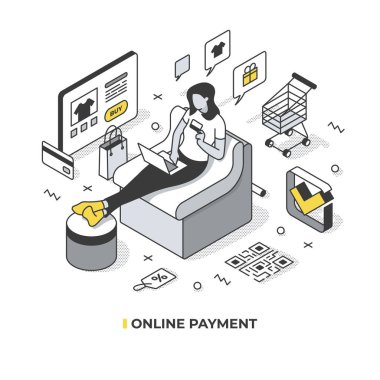 Online payment concept. Woman shopping online holding credit card and using laptop while relaxing at home on a couch. Vector isometric illustration clipart