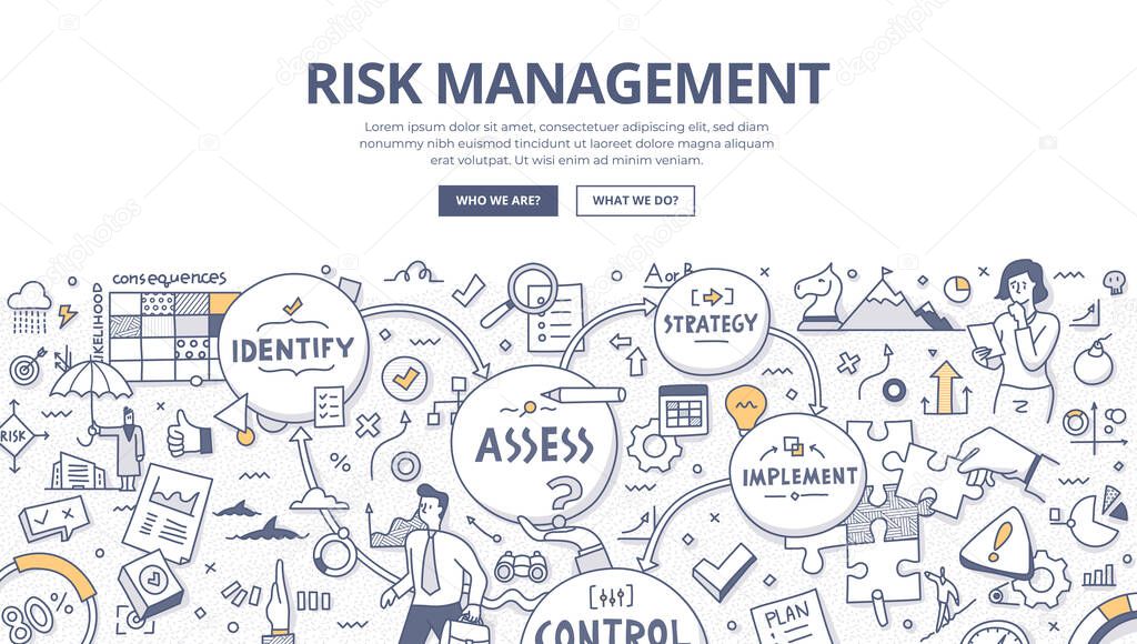 Risk management concept. Illustrated process of identifying, assessing and controlling business treats. Doodle vector illustration