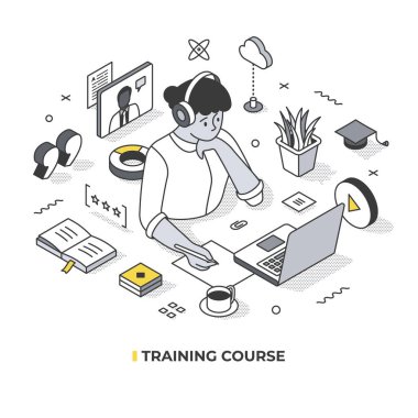 Eğitim kursu online konsept. Kulaklık takan, dizüstü bilgisayarda çalışan, not alan, online videolar izleyen, bir web sitesine katılan bir kadın. Çevrimiçi eğitim hakkında Isometric illüstrasyon