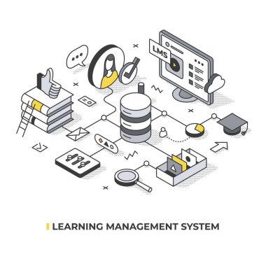 Yönetim sistemi kavramını öğreniyorum. Yazılım tabanlı platform entegre öğrenmeyi öğrenciye sunmaya izin verir. Çevrimiçi eğitim teknolojisinde Isometric illüstrasyon
