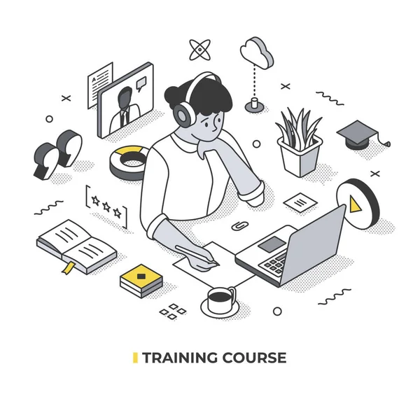 Training Course Online Concept Focused Woman Wearing Headphones Working Laptop Stock Illustration