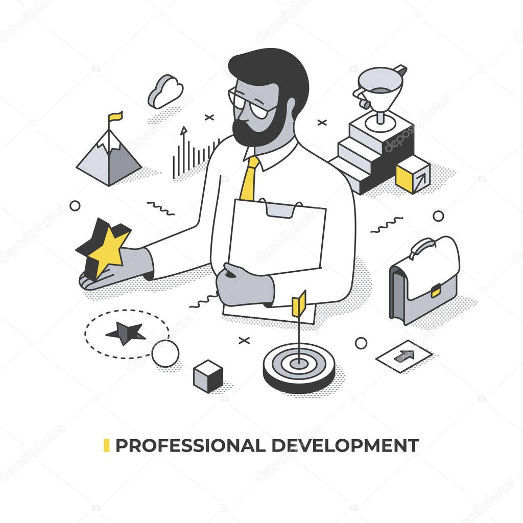 Concept of business education. The employee increases his knowledge, advances his skill-sets and career. Isometric illustration on education and learning