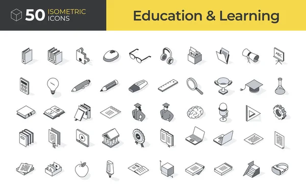 Colección Iconos Isométricos Educación Aprendizaje Estilo Bosquejo Iconos Set — Vector de stock