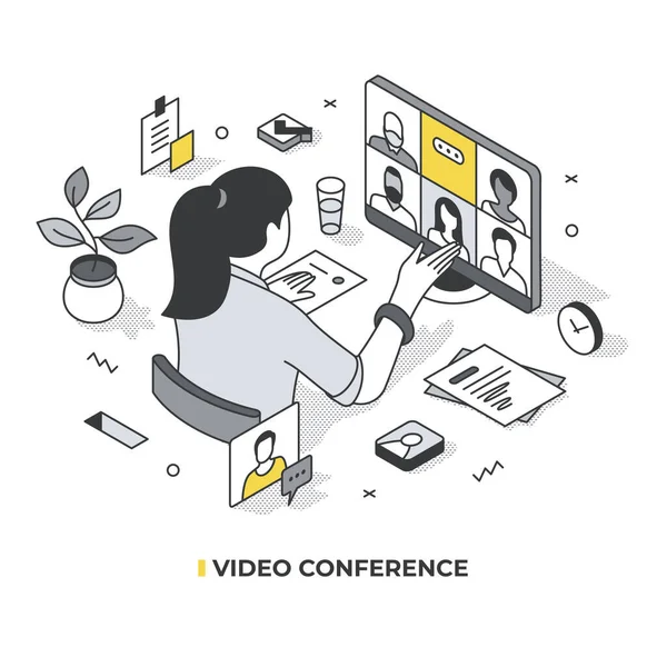 Videokonferenz Frau Nutzt Gruppenvideoanruf Mit Dem Team Zusammenzuarbeiten Brainstorming Betreiben — Stockvektor