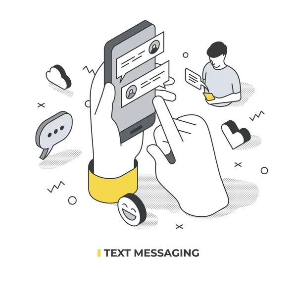 短信概念 一只手拿着智能手机 另一只手拿着打字的语音起泡通知 用孤立物体说明等距矢量 免版税图库矢量图片