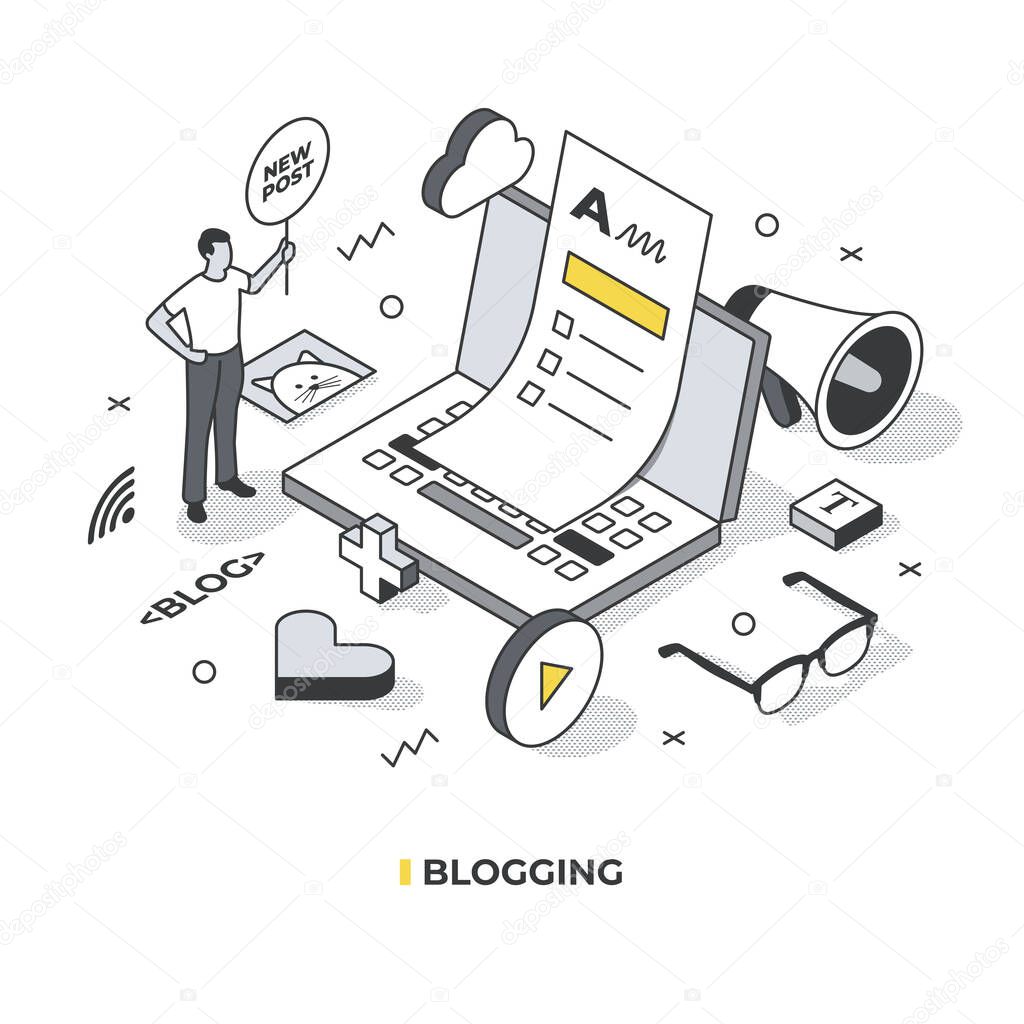 Blogging and blog posting concept. Tiny figure of man stands near laptop with new post sign.  Isometric vector illustration with isolated objects