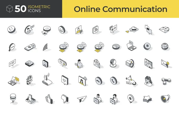 Raccolta Icone Isometriche Comunicazione Online Stile Contorno — Vettoriale Stock