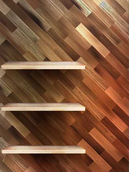 木製の背景に展示のための空の棚。eps 10 — ストックベクタ