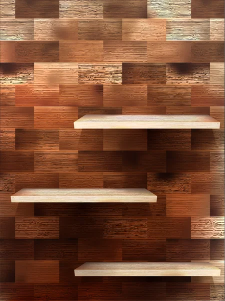 Prateleira vazia para exposição em fundo de madeira. EPS 10 — Vetor de Stock
