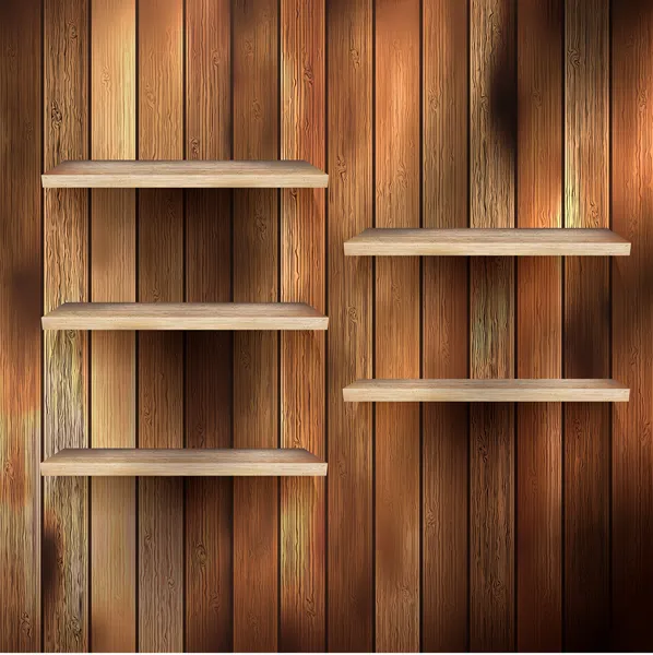Empty shelf for exhibit on wood background. EPS 10 — Stock Vector