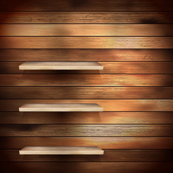 Empty shelf for exhibit on wood background. EPS 10 — Stock Vector