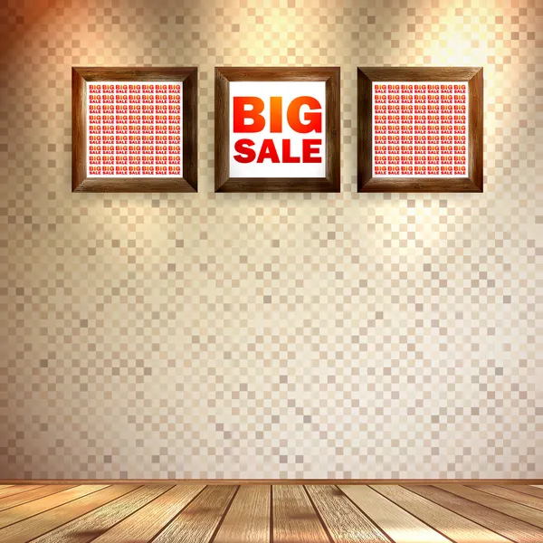 Beige wall wooden floor with Big sale frame. — Stock Vector