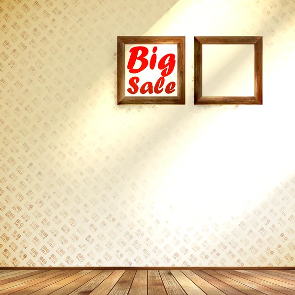 Beige wall wooden floor with Big sale frame. — Stock Vector