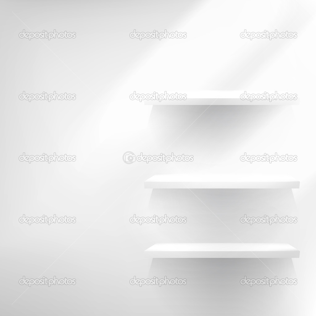 Empty white wooden shelf at the wall.