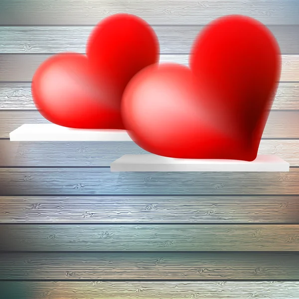Romantischer Hintergrund mit Herzen auf Holzregal. — Stockvektor