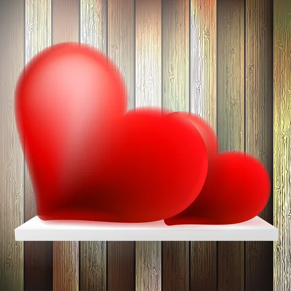 Romantic background with hearts on wood shelf. — Stock Vector