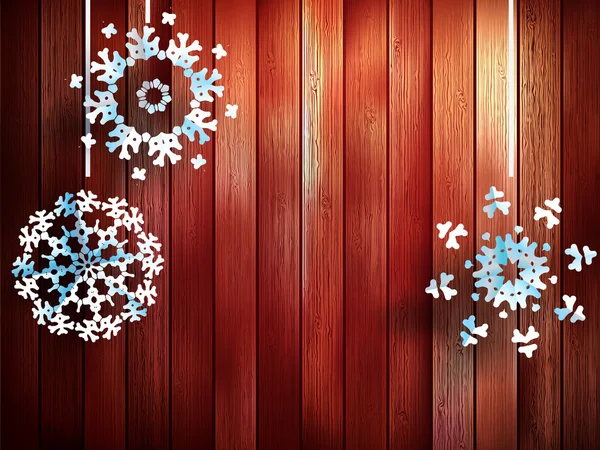 Flocos de neve de Natal pendurados sobre madeira. EPS 10 Vetor De Stock