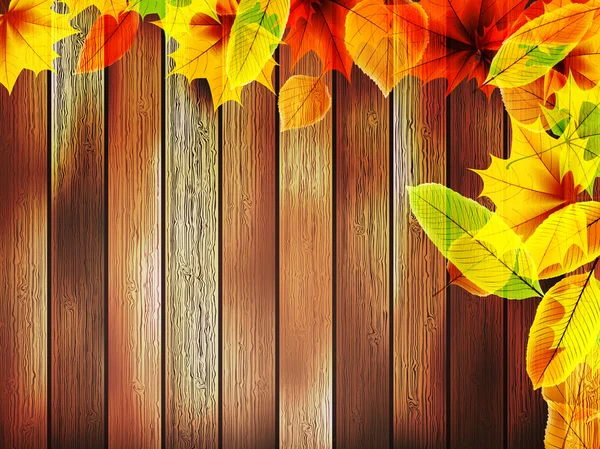 Autumn leaves over old wooden. plus EPS10 — Stock Vector