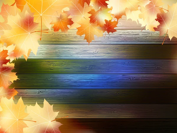 Autumn Leaves over wooden background. EPS10 — Stock Vector