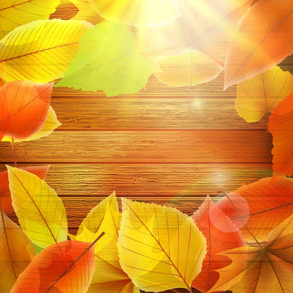 Autumn Leaves over wooden background. EPS10 — Stock Vector