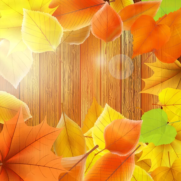 Autumn Leaves over wooden background. EPS10 — Stock Vector