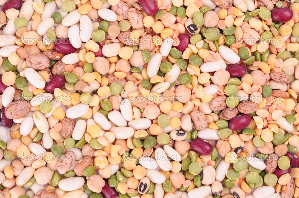 Mixture of dried lentils, peas, soybeans, legumes, beans — Stock Photo