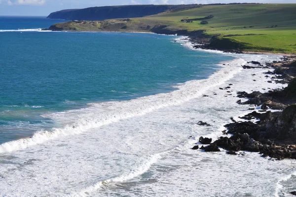 Landscape. Seashore. Coastal area of the Australian shore. Scenic view with green hills. — Stock Photo, Image