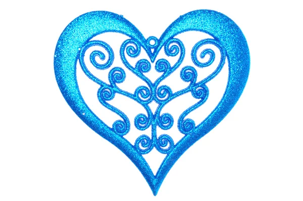 Blau glitzernde herzförmige Dekoration, isoliert auf weißem Hintergrund. Weihnachtsschmuck — Stockfoto