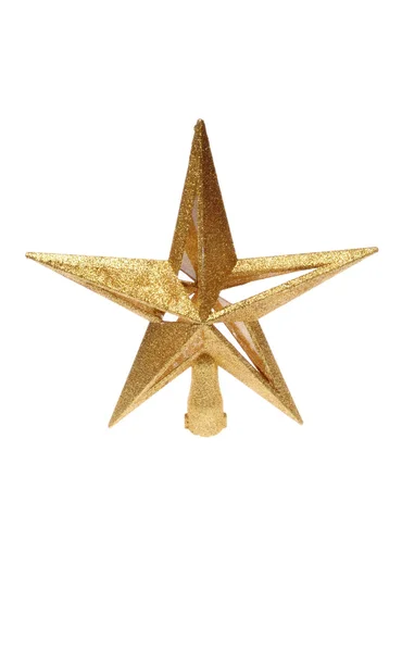 Gold glittering star shaped Christmas ornament isolated on white background — Stock Photo, Image