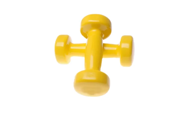 Pair of small yellow dumbbells Isolated on white background — Stock Photo, Image