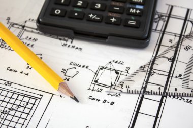arka planda mühendisi çizim araçları ve mekanizmaları detay