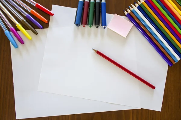 School composition,colour pens and pencils — Stock Photo, Image