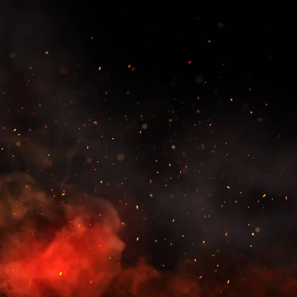 Fire, smoke and sparks on black background. Close-up of glowing smoke and sparks over a campfire.