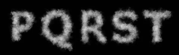 Font of smoke or cloud. Letters P,Q,R,S,T. Abstract smoke or clouds text. Isolated white letters on black background.