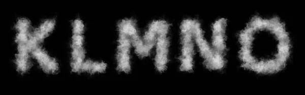 Font of smoke or cloud. Letters K,L,M,N,O. Abstract smoke or clouds text. Isolated white letters on black background.
