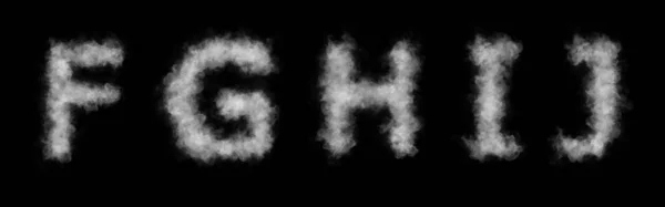 烟或云彩的类型 字母F J摘要烟或云文字 黑色背景上孤立的白色字母 — 图库照片