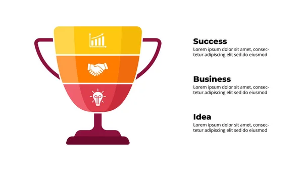 Taça vencedora. Infográfico de sucesso. Apresentação modelo de slide. Gráfico de diagrama com 3 etapas, processos. — Vetor de Stock