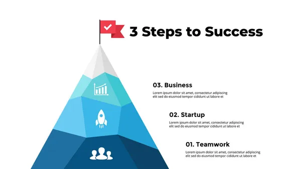 Rota para o infográfico de sucesso. Montanha máxima. Apresentação modelo de slide. Gráfico de diagrama com 3 etapas, processos. — Vetor de Stock