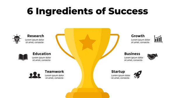 Una coppa d'oro. Infografica di successo. Presentazione modello diapositiva. Grafico grafico con 5 passaggi, processi. — Vettoriale Stock